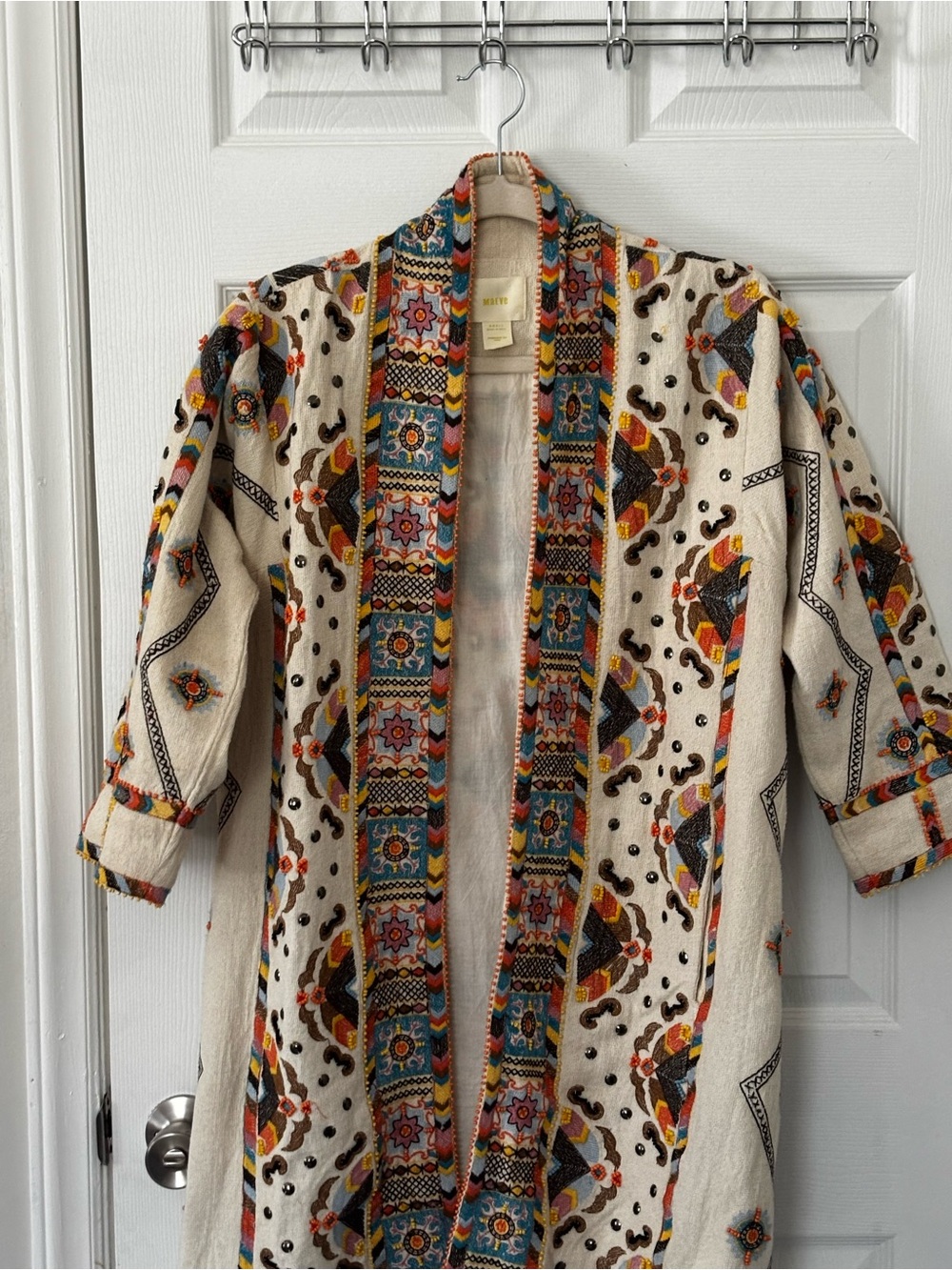 Maeve Cream Embroidered Open-Front Kimono with Multicolor Trim